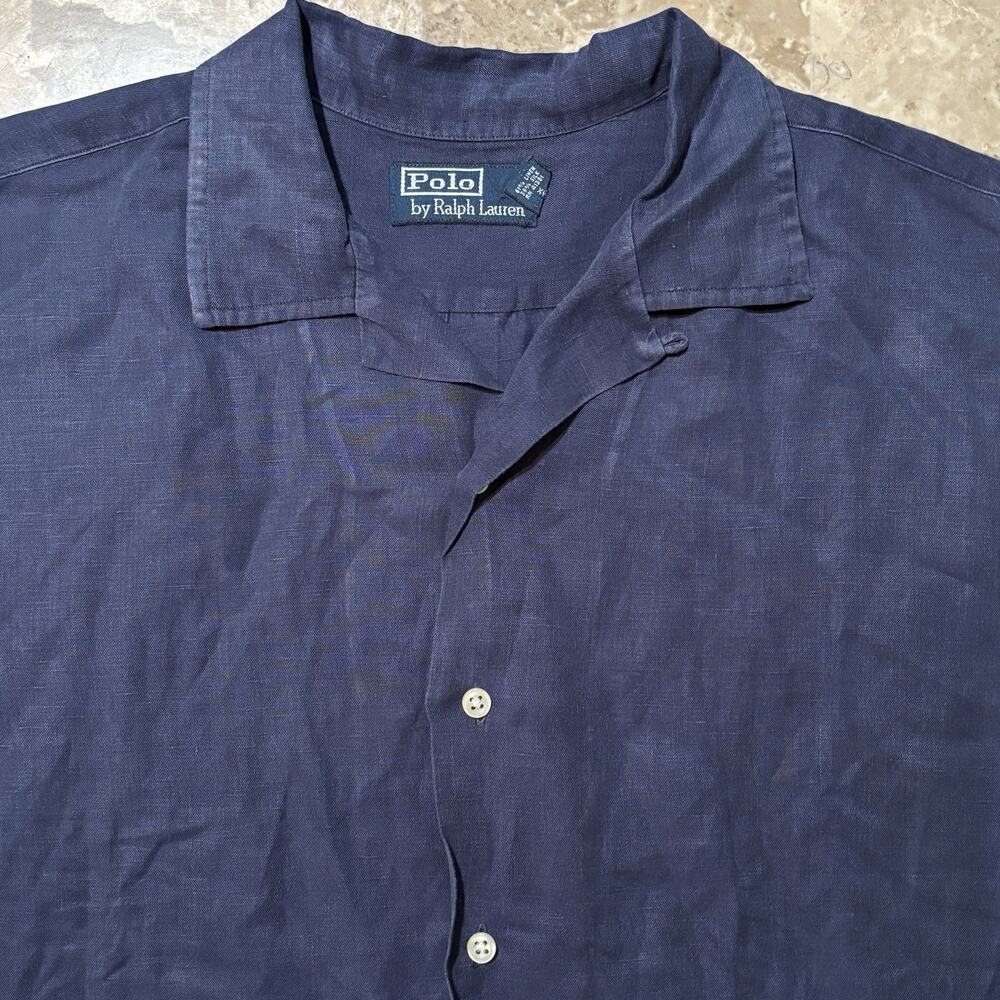 Polo Ralph Lauren Shirt Mens M Blue Linen Silk Camp Loop Collar 90s